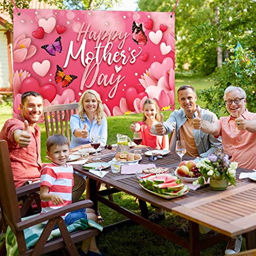 Large Happy Mother's Day Banner Decorations Mothers Day Flag Outdoor 71x44 Inch,Mom Gifts for Indoor Home House Decor Party Supplies,Yard Sign Background for Photography, Red Pink Heart Flowers