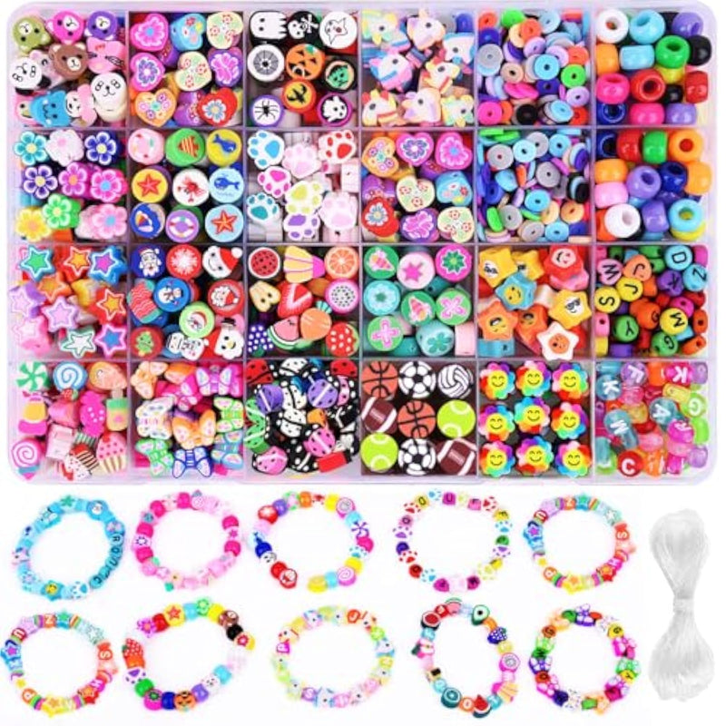 1000Pcs Polymer Clay Beads Bracelet Making Kit, 24 Style Cute Fun Beads Fruit Flower Animal Cake Butterfly Heart Beads Charms For Jewelry Necklace Earring Making Diy Accessories For Women Girls