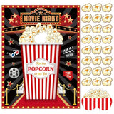 Movie Night Party Game Pin The Popcorn On The Box Large Poster With 24 Popcorn Stickers Blindfold Carnival Game Set For Movie Theater Carnival Birthday Party Decoration Activities Supplies