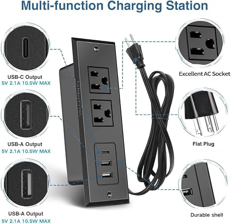Flush Mount Power Strip USB C Charging Station Hidden Outlet Extender Black