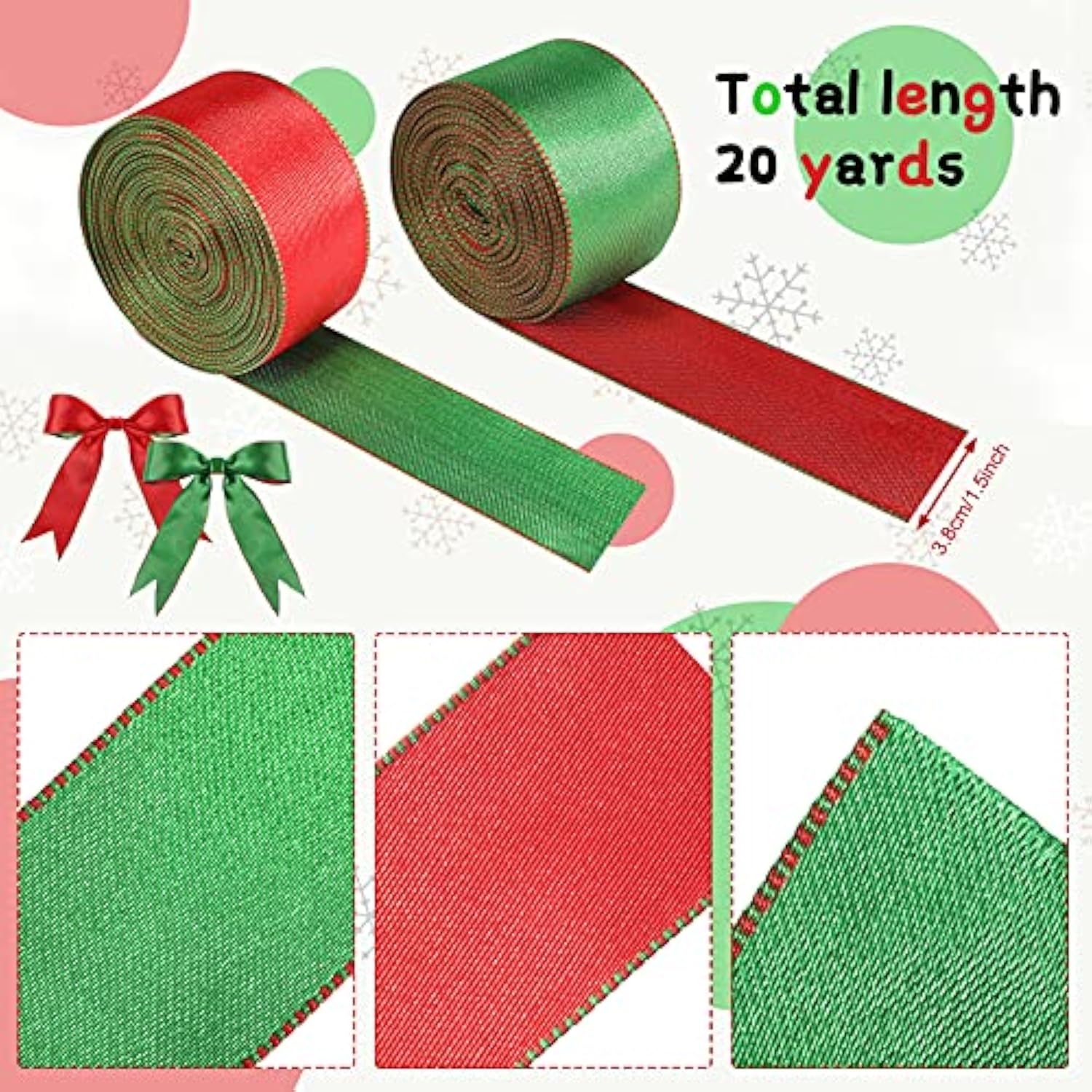 2 Rolls 20 Yards Christmas Satin Ribbon Double Faced Wired Ribbons 1.5