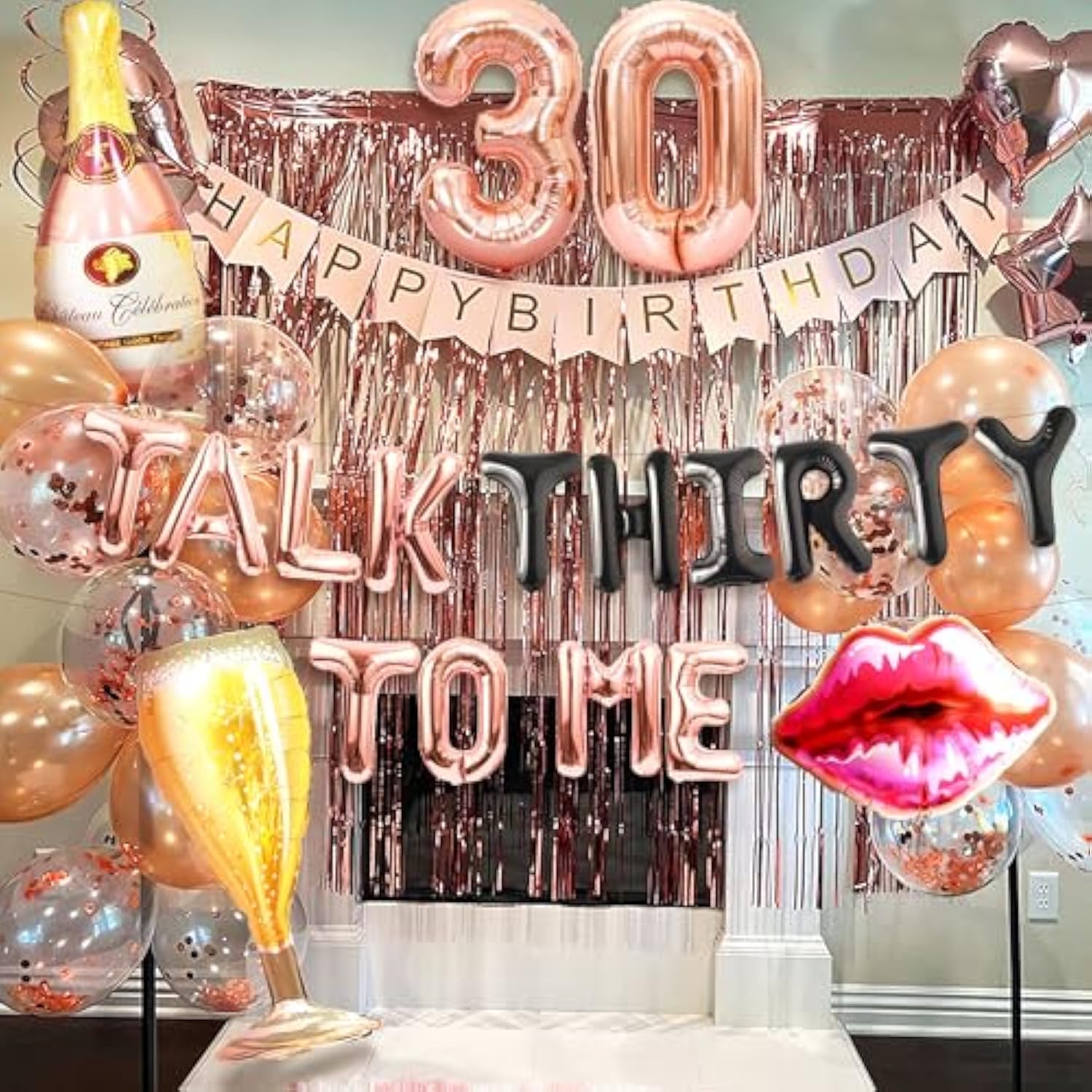 53-pc rose gold “Talk 30 to Me” balloons, backdrop & banner for 30th birthday decor