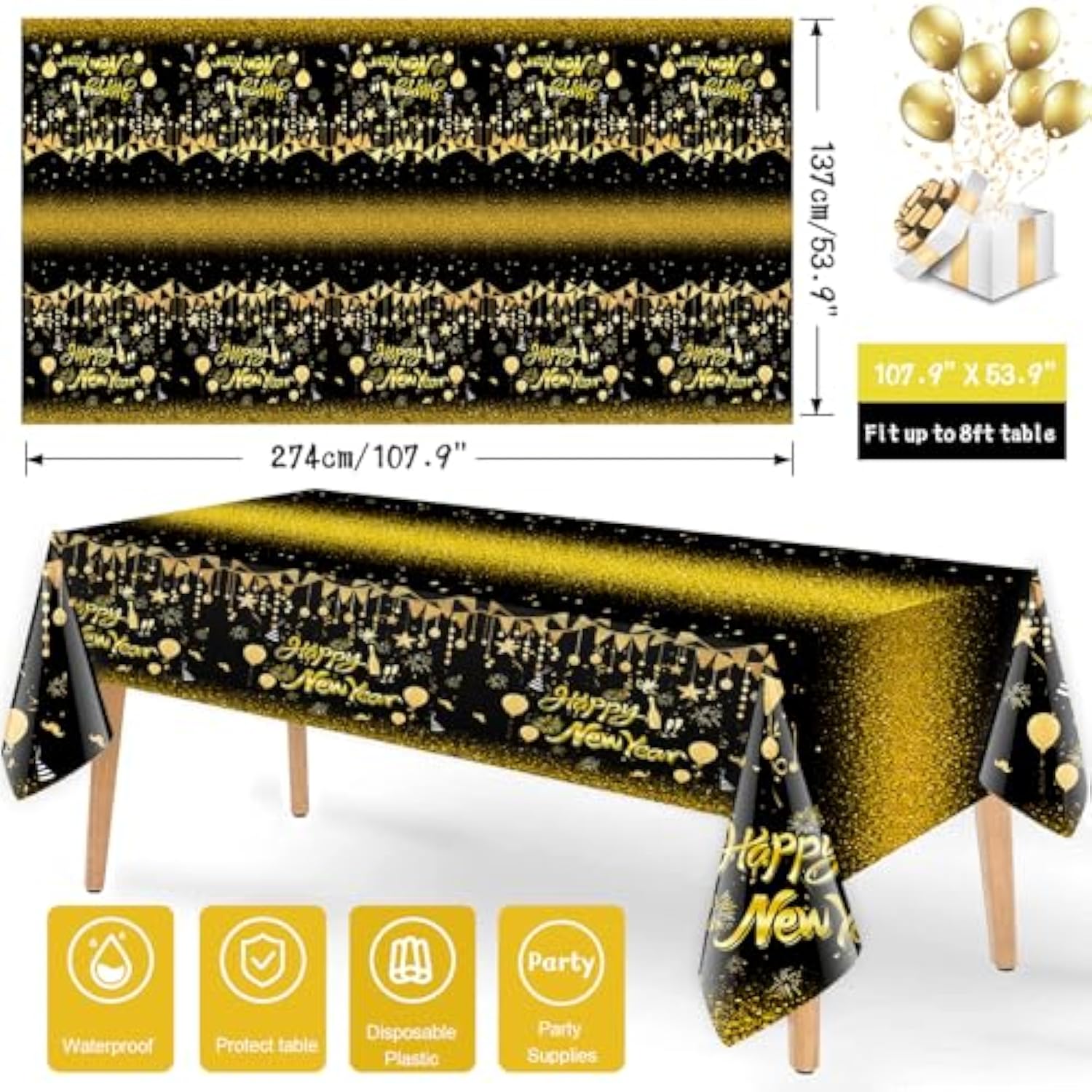 3pcs Black Gold New Year 2026 Tablecloth with Stars for Party Decor 108x54