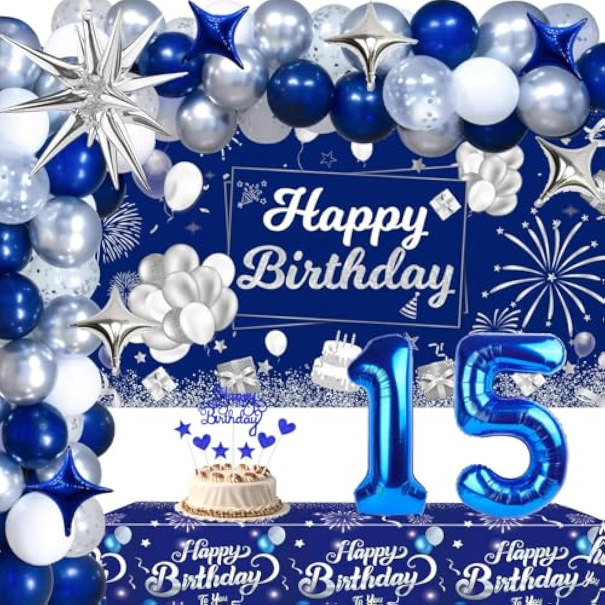 Blue & Silver 15th Birthday Party Decor: Banner, Balloons, Tablecloth & Supplies