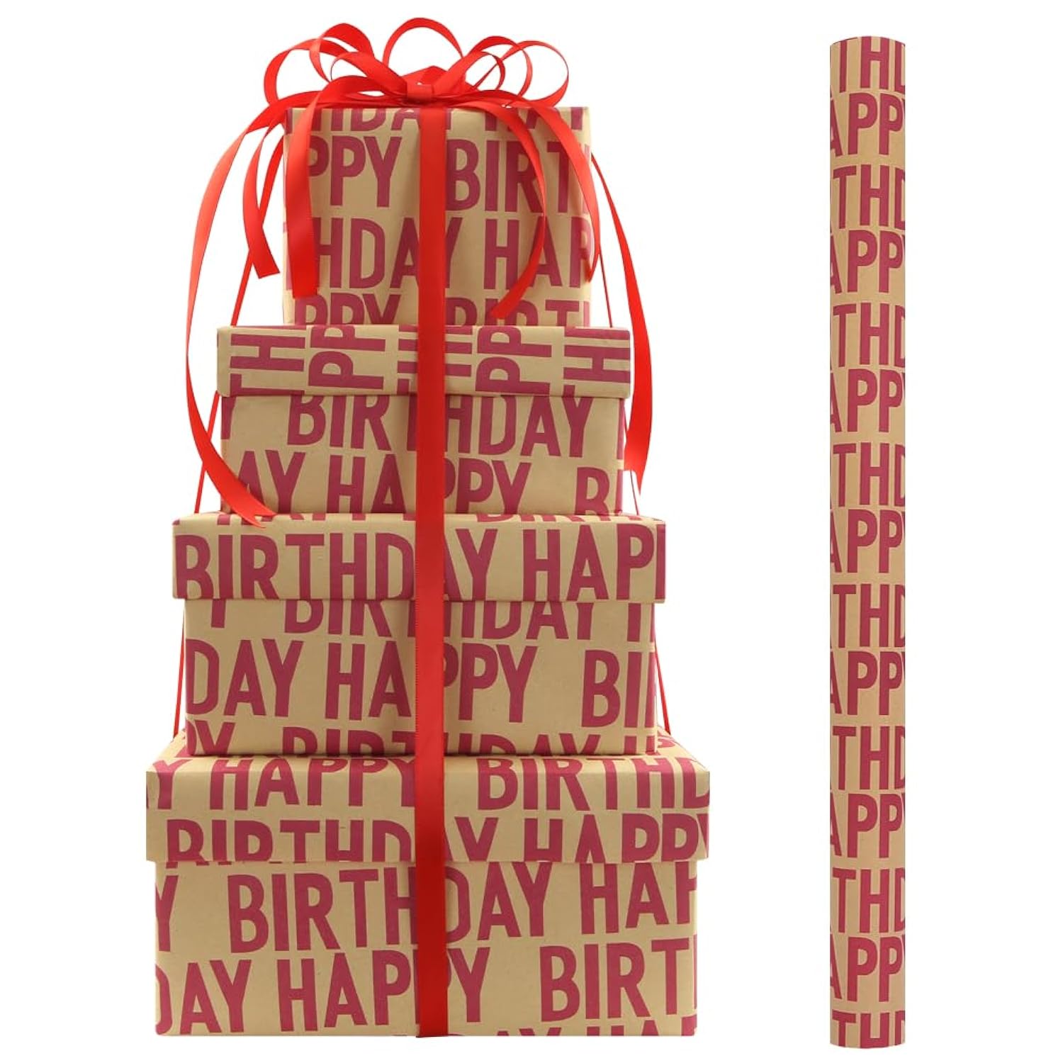 Minimal Raspberry Red Large Happy Birthday Repeating Script Wrapping Paper For Men Women Boys Girls Kids- 1 Mini Roll 17 X 10 Ft Per Roll 14.1 Sq.Ft.Ttl - Brown Recycled Kraft Gift Wrap For Baby Shower Daddy Men All Birthday Occasions