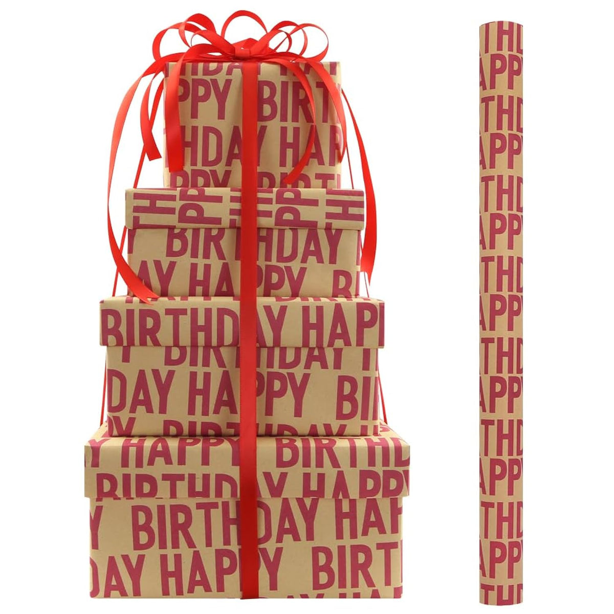 Minimal Raspberry Red Large Happy Birthday Repeating Script Wrapping Paper For Men Women Boys Girls Kids- 1 Mini Roll 17 X 10 Ft Per Roll 14.1 Sq.Ft.Ttl - Brown Recycled Kraft Gift Wrap For Baby Shower Daddy Men All Birthday Occasions