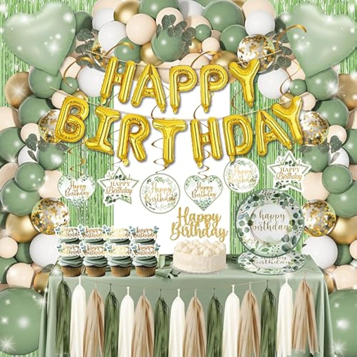 Sage Green Birthday Decorations - Balloon Garland Kit Arch, Happy Birthday Banner, Green Fringe Curtain Tablecloth & Decor For 10Th, 13Th, 16Th, 18Th, 21St & 30Th Birthdays