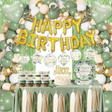Sage Green Birthday Decorations - Balloon Garland Kit Arch, Happy Birthday Banner, Green Fringe Curtain Tablecloth & Decor For 10Th, 13Th, 16Th, 18Th, 21St & 30Th Birthdays