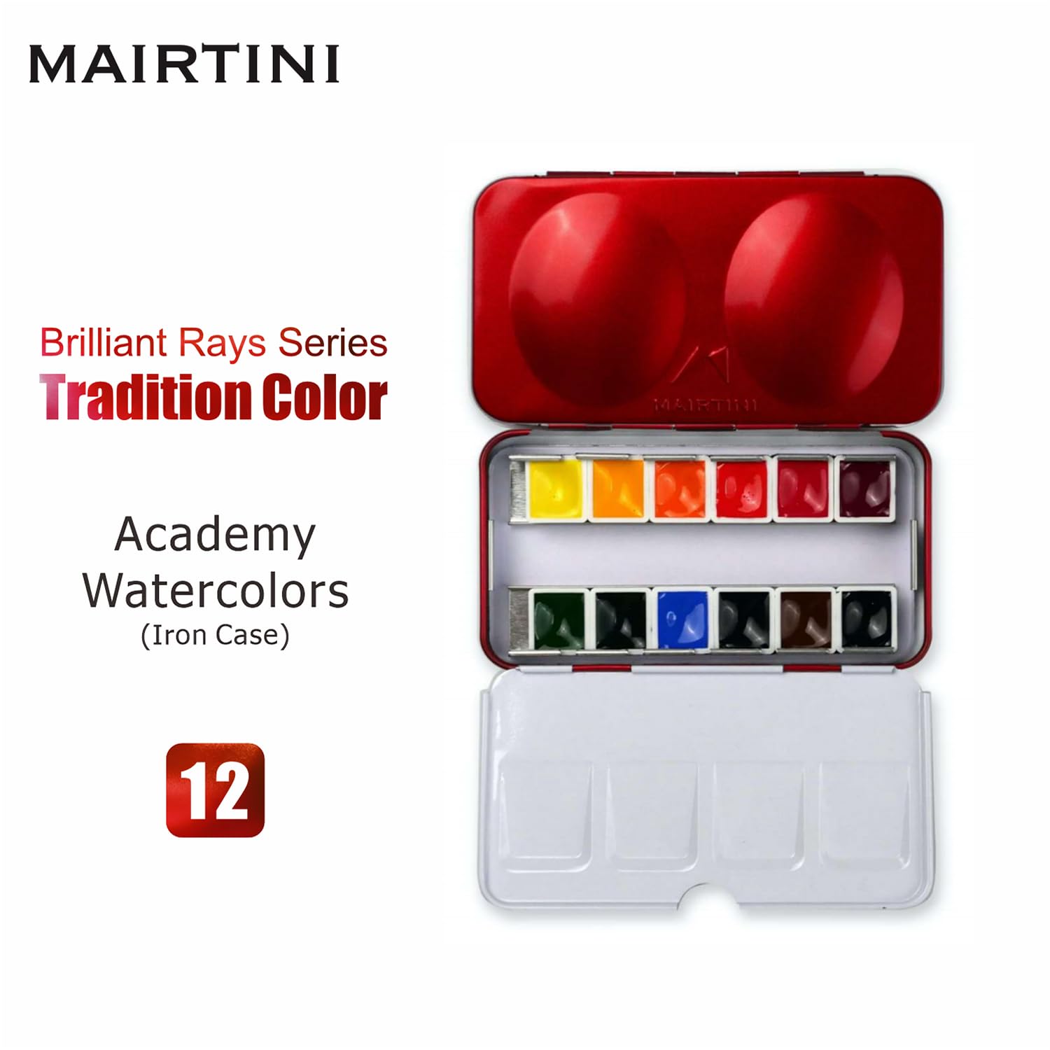 Mairtini Academy Grade Brilliant Series Half-Pan Solid Watercolor Paint Set With Iron Case 12Pcs?Essential Colors?