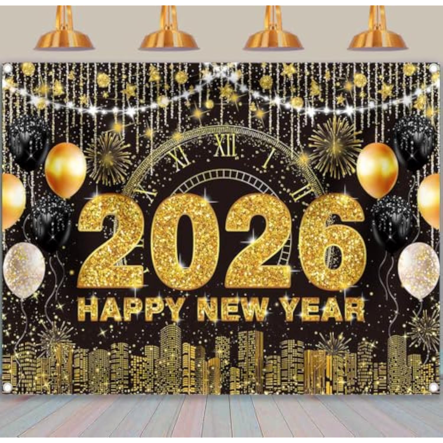 2026 New Year Black Gold Backdrop 7x5 ft for Party and Photo Booth Decor