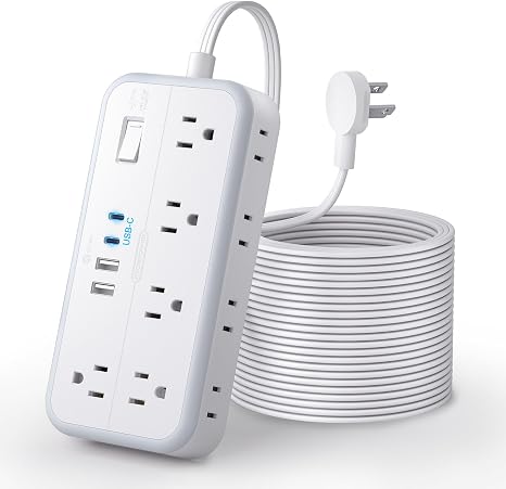 25 ft Flat Extension Cord Long Power Strip with 10 Outlets and 4 USB Ports