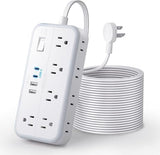 25 ft Flat Extension Cord Long Power Strip with 10 Outlets and 4 USB Ports