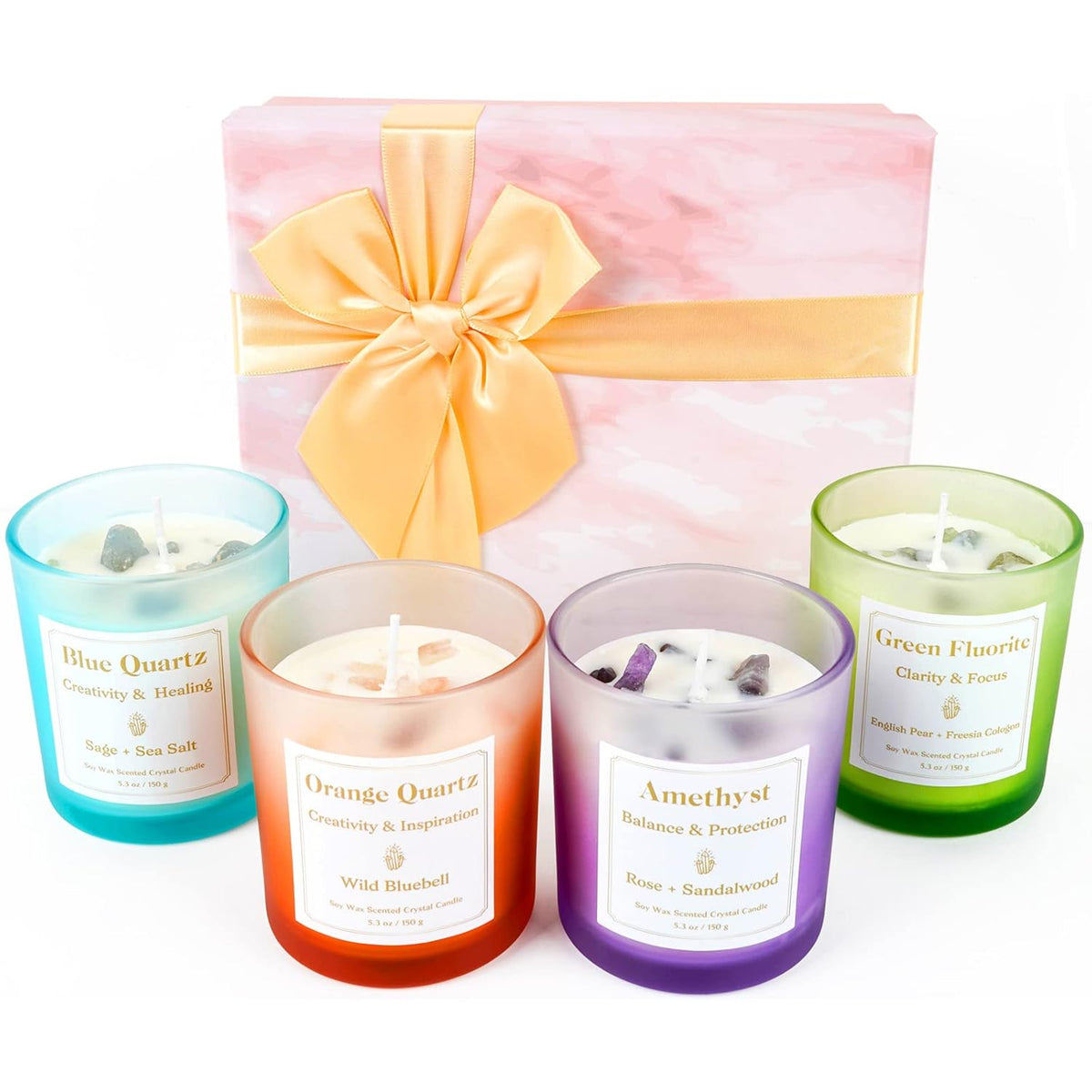 Scented Candles With Healing Crystals, Set Of 4 Soy Candle With Crystals Healing Stones, Aromatherapy Candle Clearance Gifts For Women, Rose Sage Amethyst Wax Candles, Bathroom Candles For Relaxation