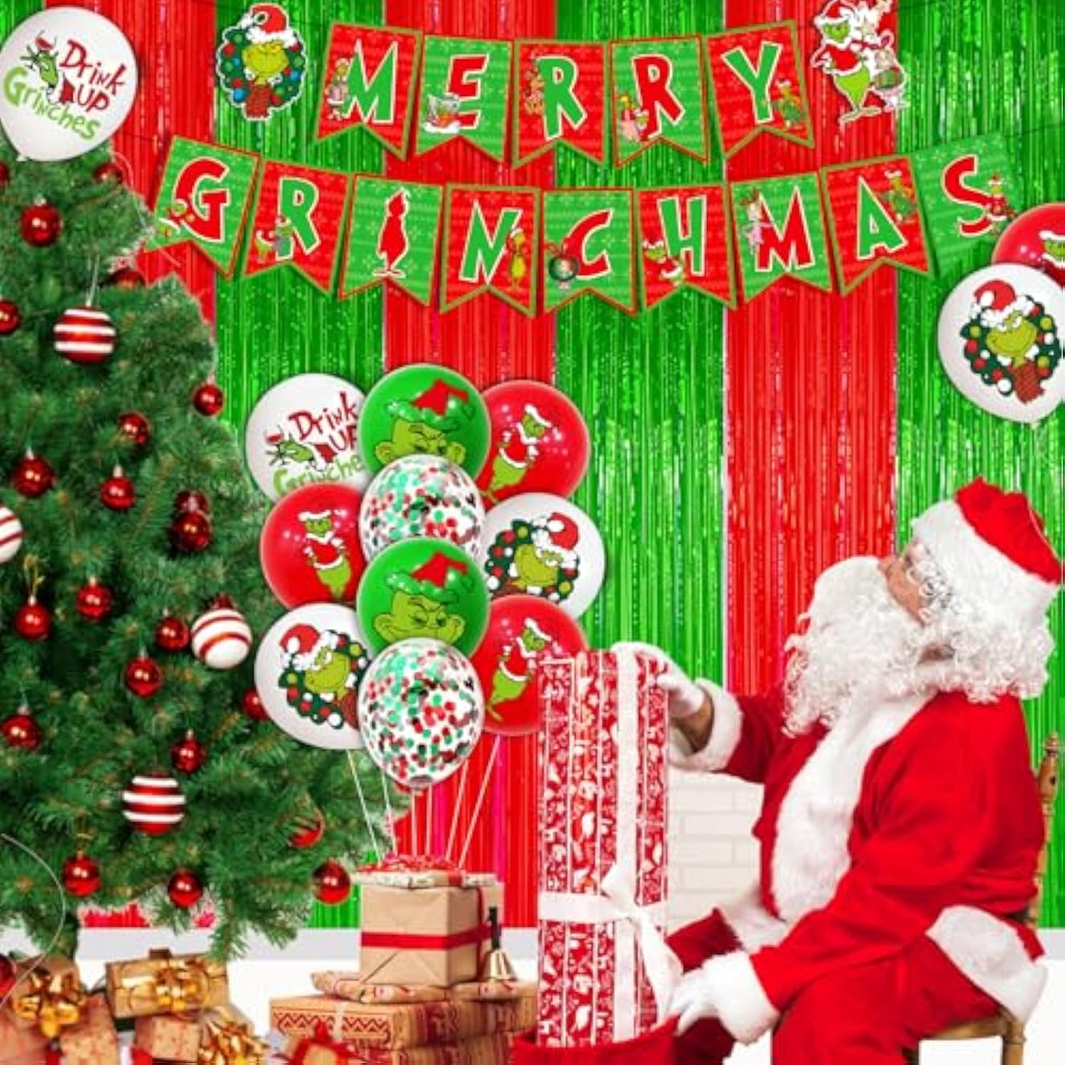 61Pcs Merry Christmas Decorations - Green Monster Door Banner & Porch Sign Hanging Banner For Outdoor Christmas Party Supplies
