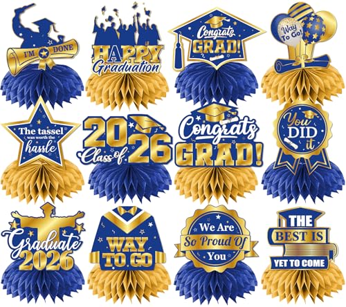 Graduation Table Decorations,12pcs Blue and Gold Graduation Decorations Class Of 2026 Honeycomb Centerpieces Congrats Graduation Centerpieces for Tables,Blue Graduation Table Centerpieces
