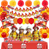 Fire Truck Theme Party Supplies Set : Decorations With Happy Birthday Banner , Table Covers , Foil & Latex Balloons . Cake Topper , Paper Pom , Firefighter Tattoo Sticker . Perfect For Kids Party !