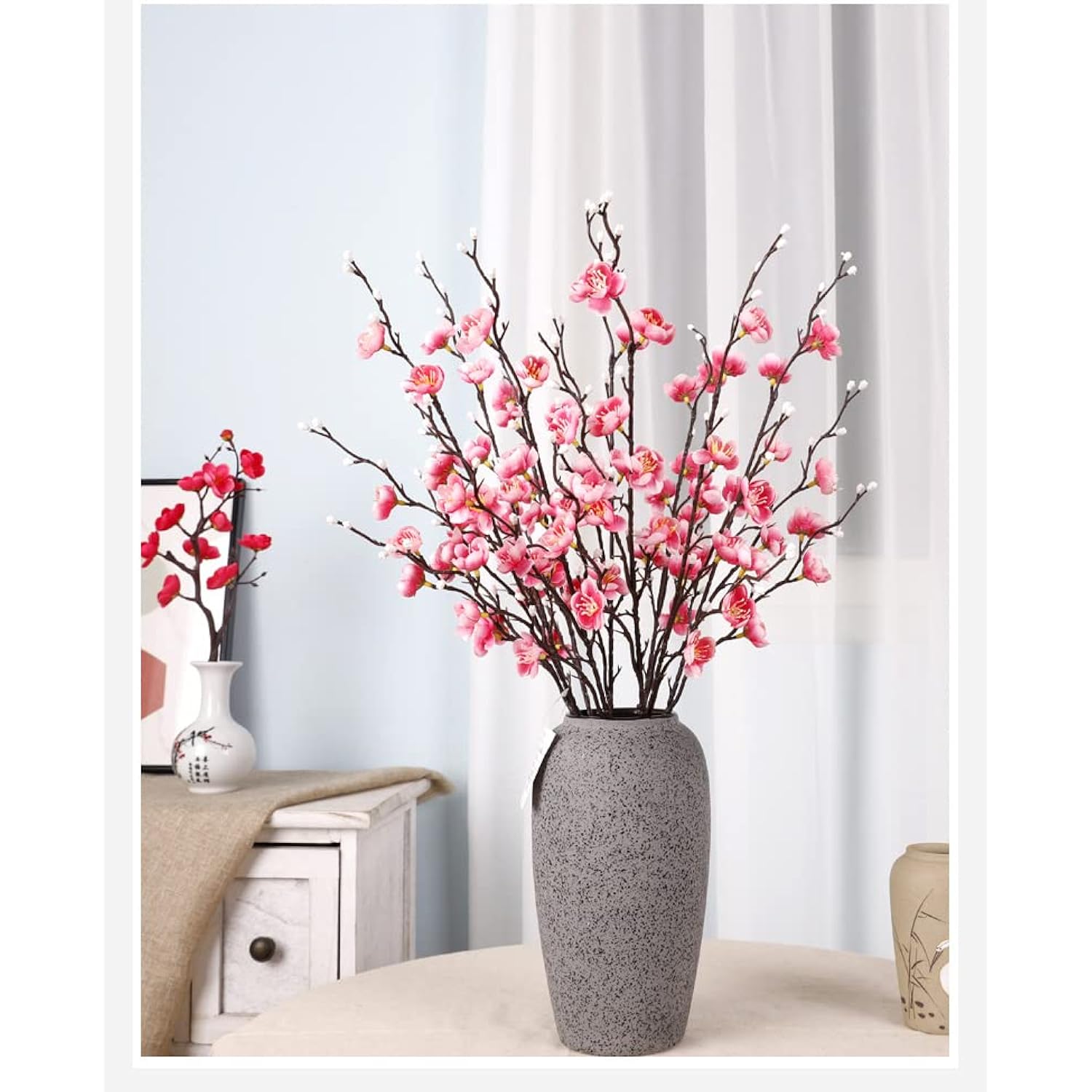 6 Pcs Artificial Plum Blossom Fake Wintersweet Long Stem Plastic Flowers Home Hotel Office Wedding Party Garden Decor 21.5'' High Pink
