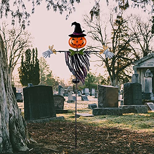 Halloween Yard Stake, 46.4" Solar Lighted Metal Pumpkin Head Scarecrow Stake, Outdoor Decoration Garden Lawn Driveway Yard Sign for Halloween