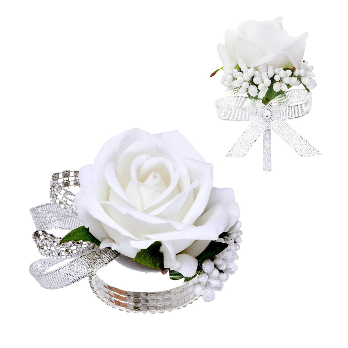 2Pcs White Rose Corsage And Boutonniere Set, Corsage Wristlet Band For Prom Decorations, Artificial Boutonniere For Men Wedding Party Suit Flower Accessories