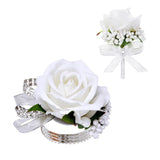 2Pcs White Rose Corsage And Boutonniere Set, Corsage Wristlet Band For Prom Decorations, Artificial Boutonniere For Men Wedding Party Suit Flower Accessories