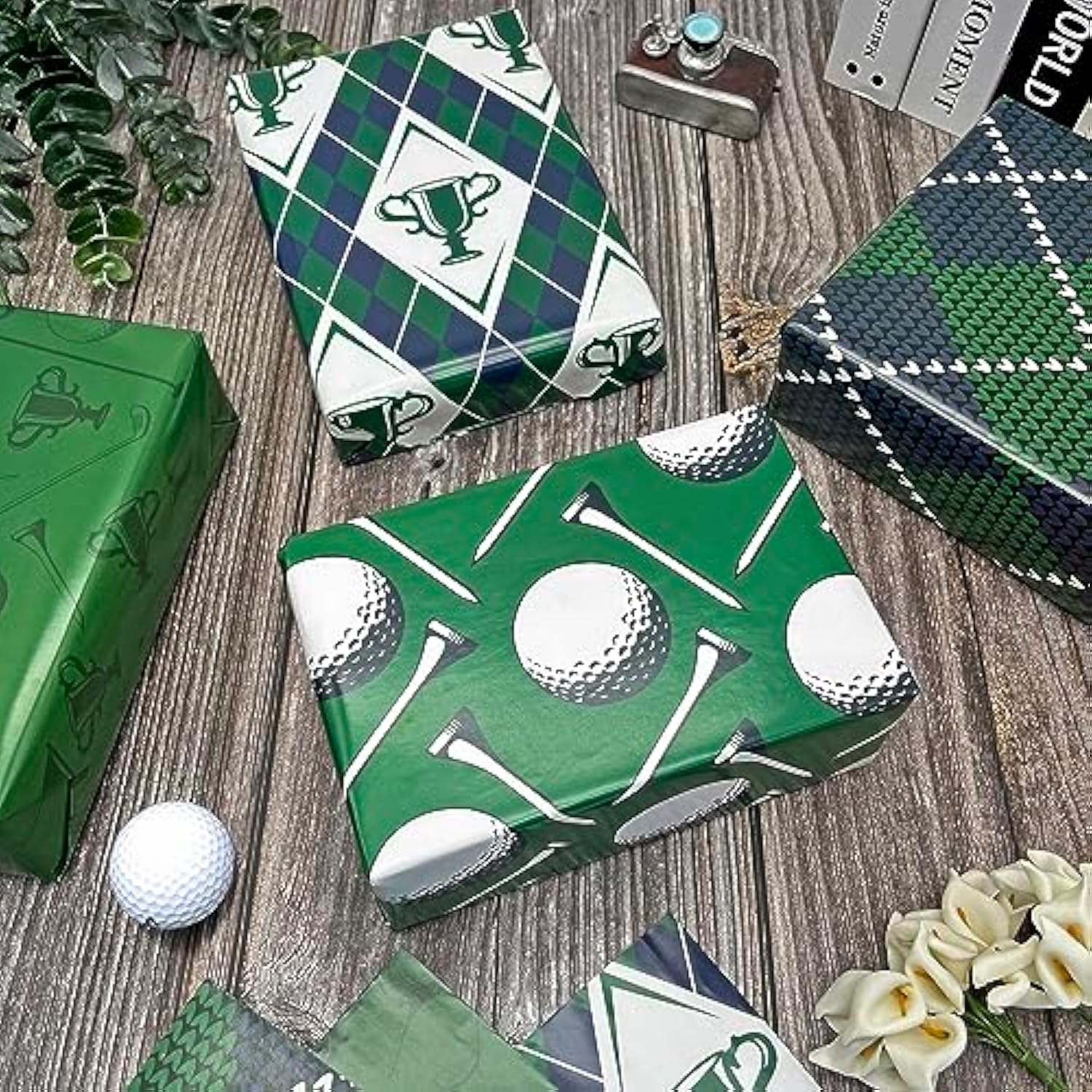 Golf Wrapping Paper For Men Boys Girls - 8 Sheets Green Elegant Gift Wrap With 4 Golf Champions Plaid Patterns For Birthday - Pre Cut& Folded Flat Design(20 X 27 Inch Per Sheet)