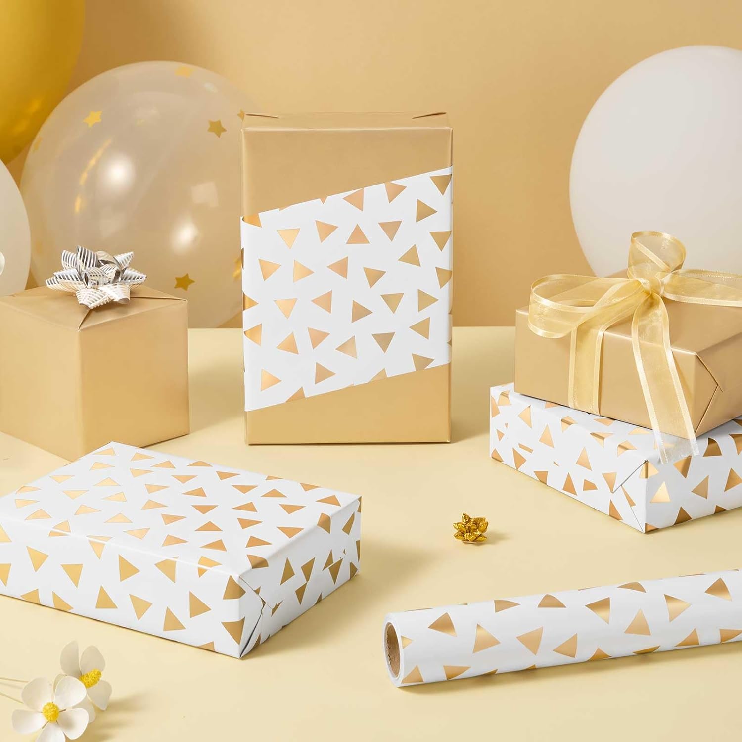 Gold Craft Gift Wrapping Paper Roll - 1 Roll 17”X 33 Ft Gold Foil Metallic Wrapping Paper Wedding Bridal Shower Wrapping Paper For Anniversary Wrap Favor Flower Wrap Supply