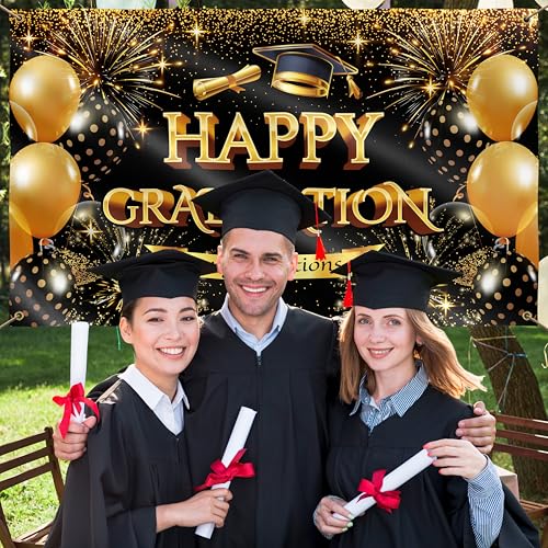 Happy Graduation Banner for Prom - Congratulations Banner - Congratulations Decorations - Well Done - We Are So Proud of You - 5x3ft (Black & Gold)