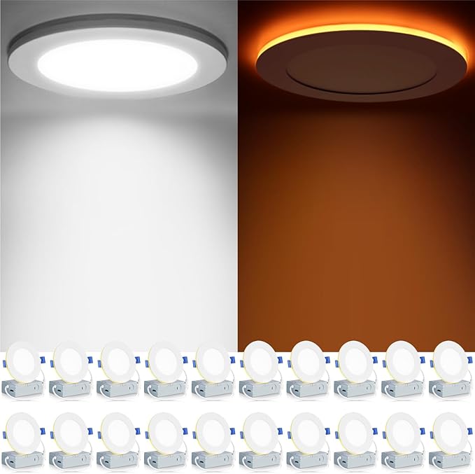 20 Pack 4 Inch LED Recessed Ceiling Lights with Night Light 5CCT Selectable Ultra Thin Canless Wafer Downlight 9W Dimmable 2700K to 5000K 750LM Energy Saving Ceiling Lighting Fixtures