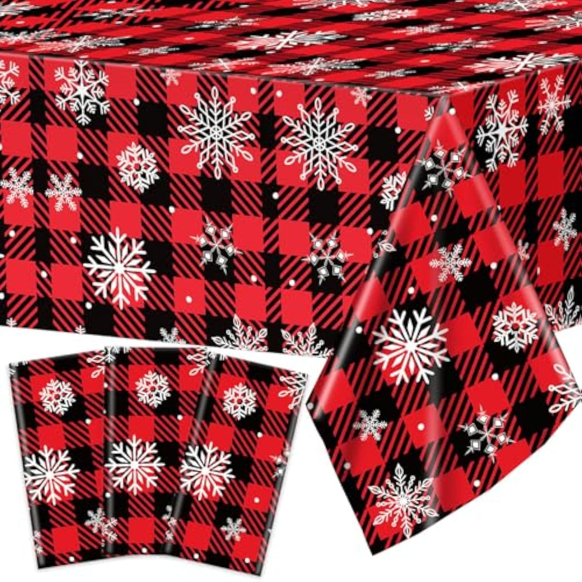 3Pcs Red And Black Buffalo Plaid Merry Christmas Party Tablecloth Decorations Supplies, Plastic White Snowflake Buffalo Plaid Sign Table Cover For Christmas Winter Holiday Indoor Outdoor Party