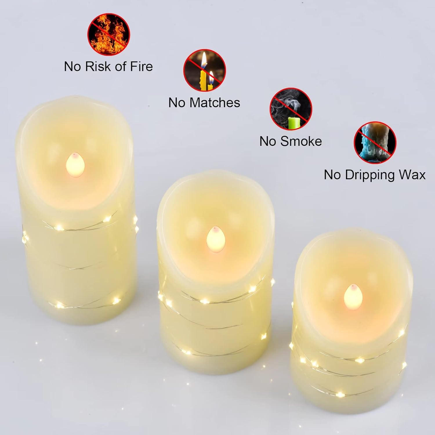 Flameless Battery Operated Led Candles With 11 Key Remote Control 24-Hour Timer Set Of 3? With Embedded String Lights Electric Flickering Pillar Real Wax ?Party, Wedding, Home Decoration(Lvory)