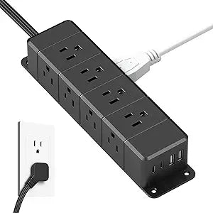Under Desk Surge Protector Power Strip 12 Outlets 4 USB Ports USB C 6FT Wall Mount 1200J Black