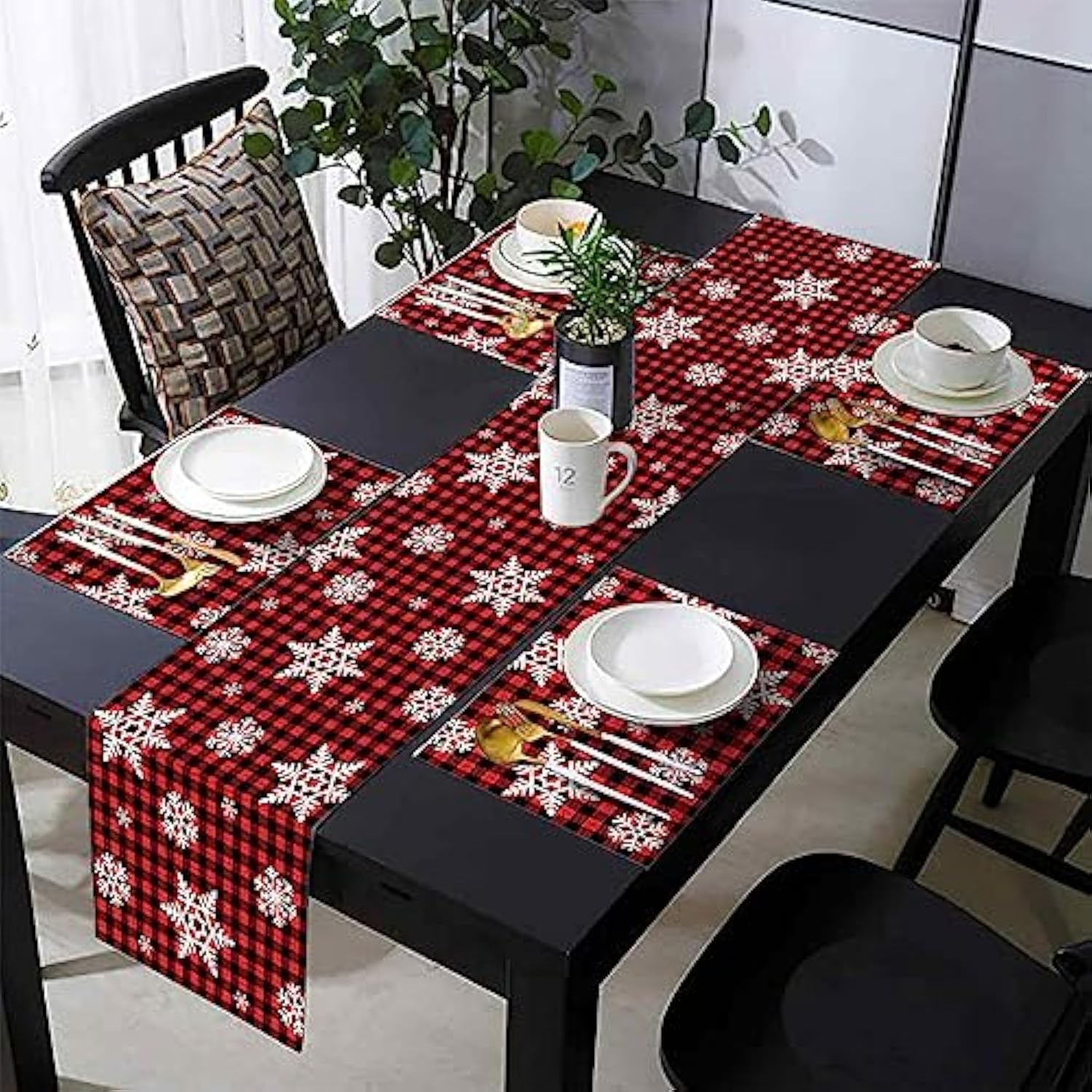 Merry Christmas Table Runner And Place Mats Set Of 6 Black And Red Buffalo Check Xmas Linen Dining Mat Sets Washable Snowflake Tabletop For Home Table Decorations 70 Inches Long
