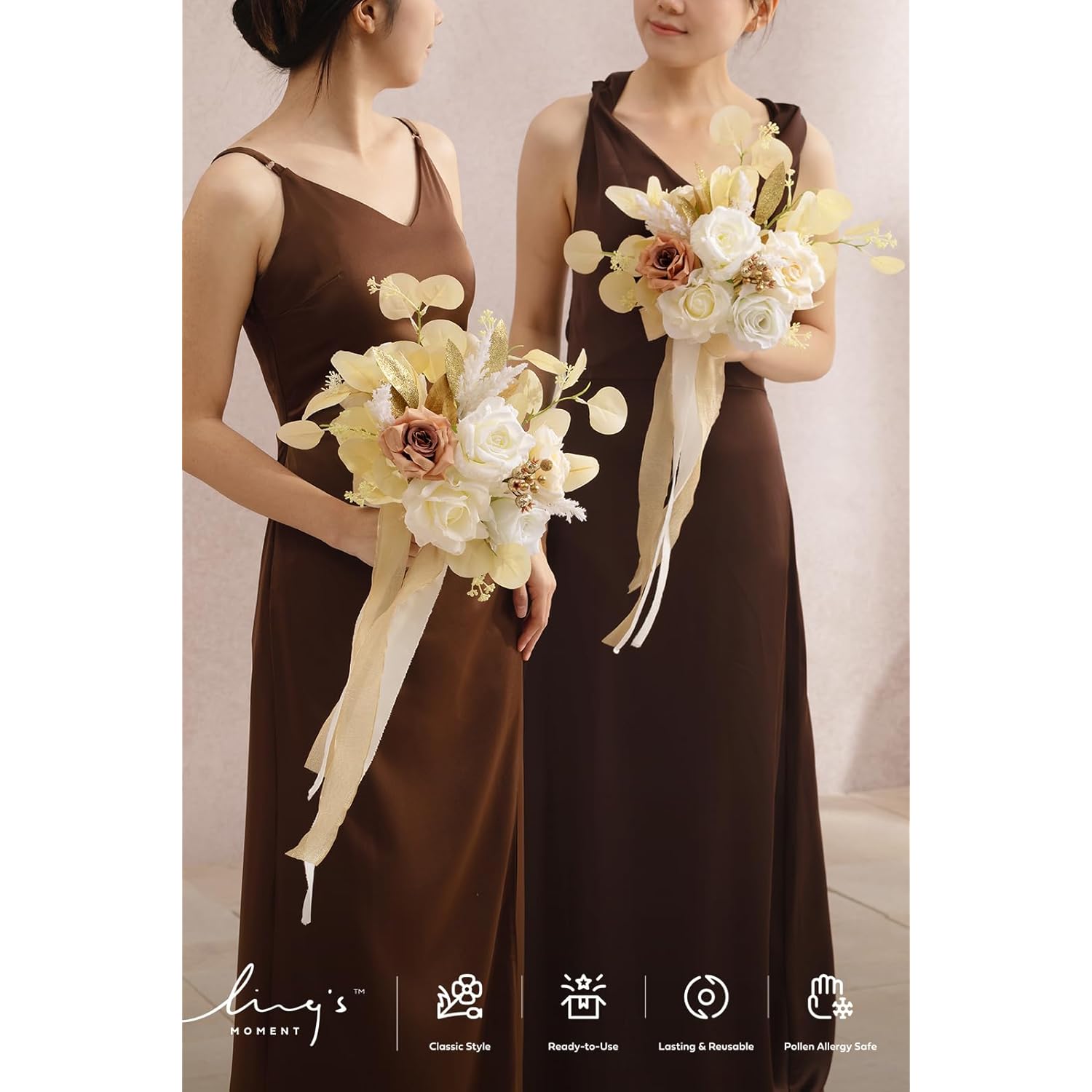 Artificial Bridesmaid Bouquets Set Of 4,Boho Wedding Flower Bouquets White Beige Floral Bouquet Ivory Bridesmaid Bouquets With Ribbon Ceremony,Anniversary,7-Inch Diameter