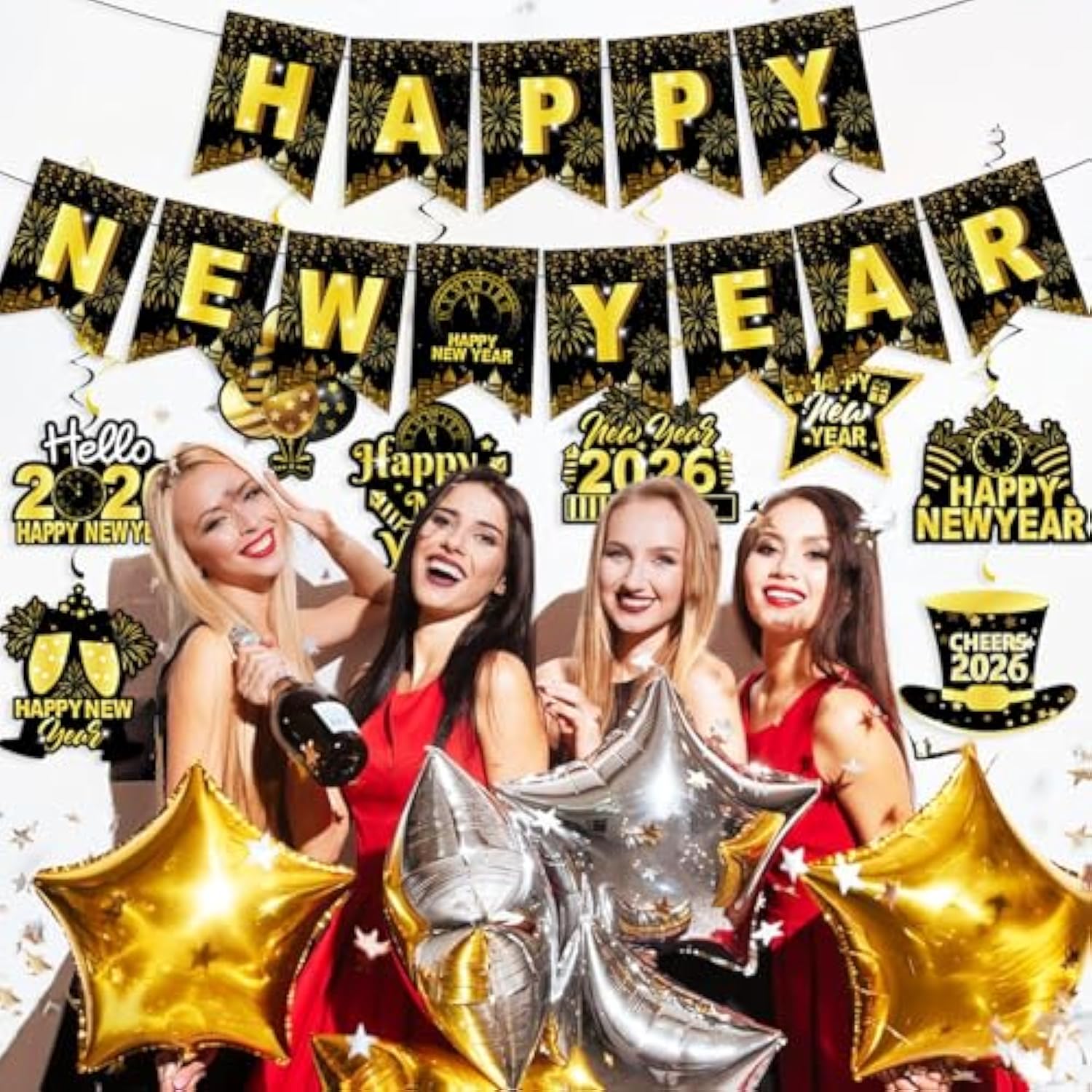 Happy New Year 2026 Black Gold Banner and Hanging Swirls Party Decorations
