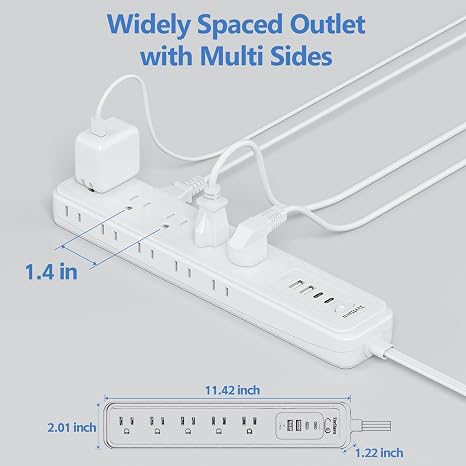 15 Outlet Surge Protector Power Strip 4 USB Ports USB C 5FT Cord Flat Plug White