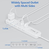 15 Outlet Surge Protector Power Strip 4 USB Ports USB C 5FT Cord Flat Plug White