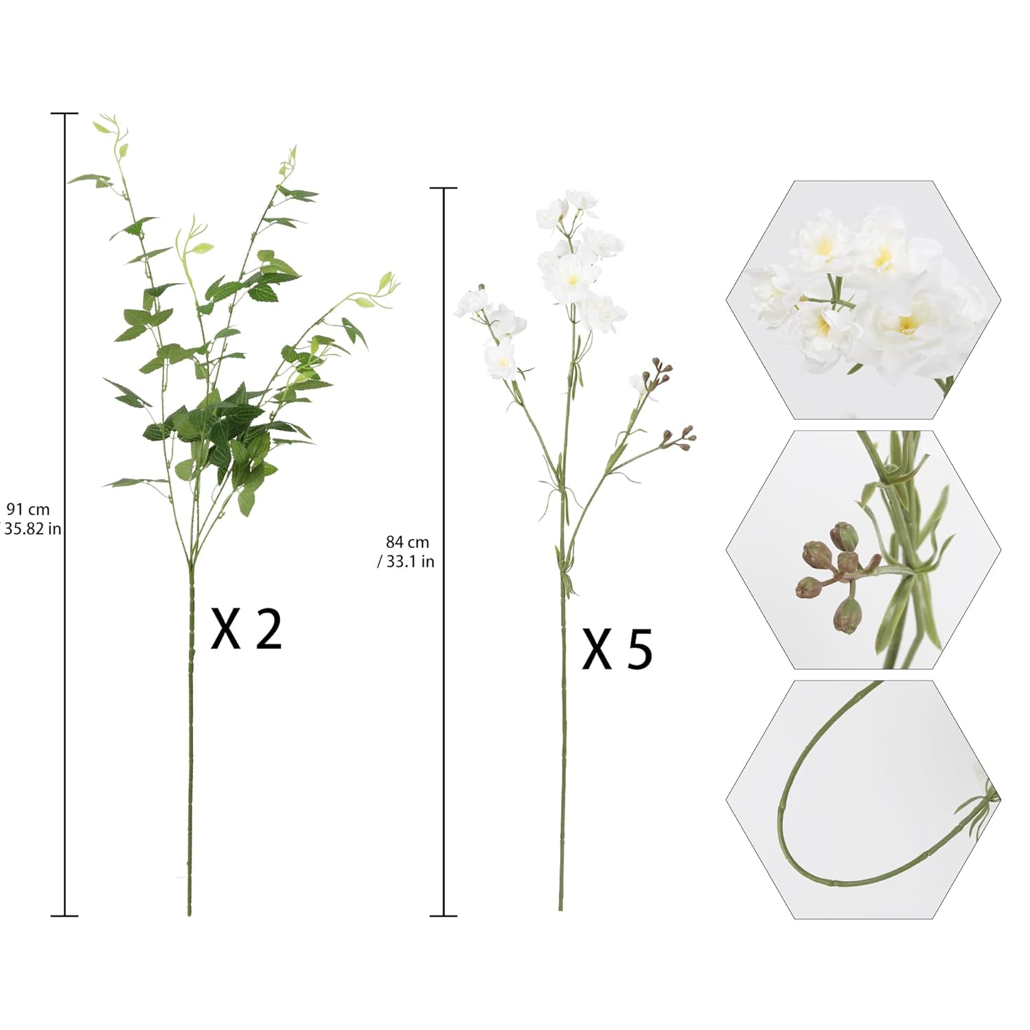 White Delphinium Artificial Flowers 7Pcs Delphiniums Silk Artificial Flowers With Clematis Leaves Long Stem Fake Flowers For Tall Vase Wedding Centerpieces Home Decor(White)