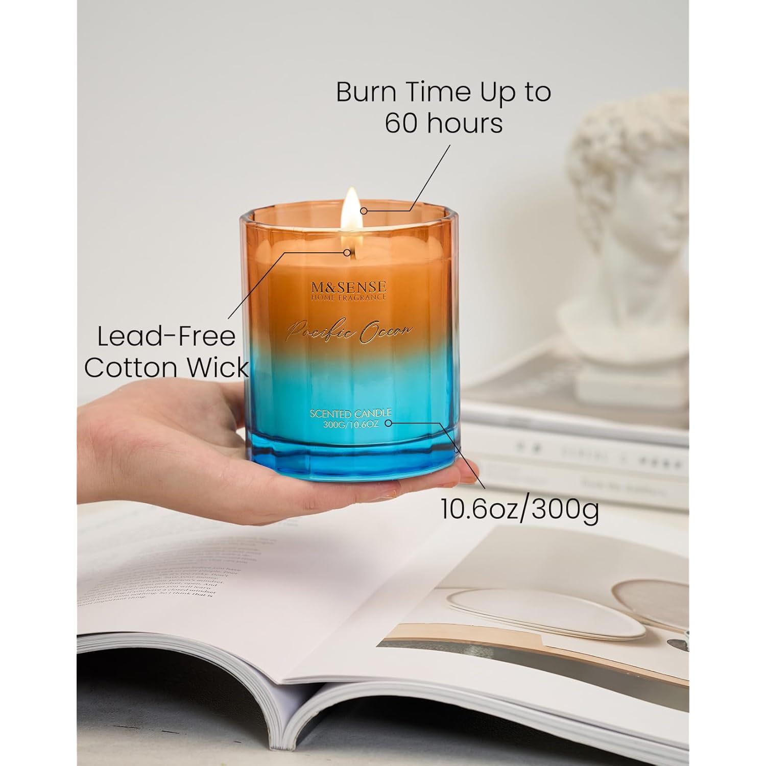 10.6Oz Summer Ocean Scented Candle For Home All Natural Soy Wax 60-Hour Slow Burning Non Toxic Aromatherapy Candle For Home Office Luxury Gifts For Teachers Family Friends