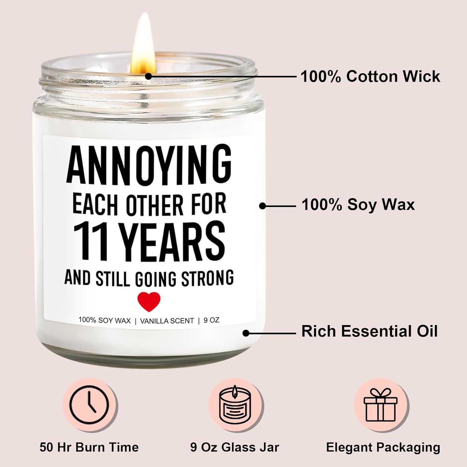 Funny 11 Years Candle, 11 Year Anniversary, Gifts For Him, Her, Steel Anniversary, Gifts For Men, Women, Couples, Husband, Wife, 11Th Wedding Anniv. Presents Or Decorations - 9 Oz