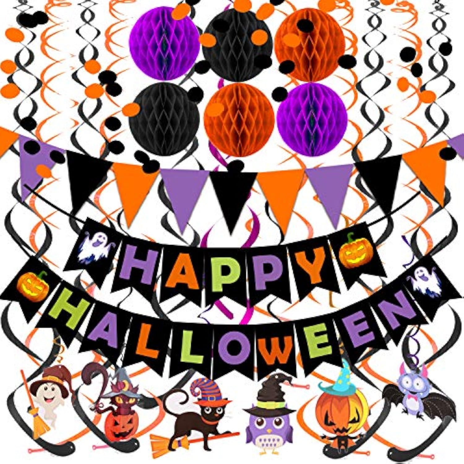 Happy Halloween Banner with Triangle Flags Confetti Garland Honeycomb Balls Streamers Party Decor