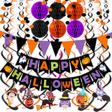 Happy Halloween Banner with Triangle Flags Confetti Garland Honeycomb Balls Streamers Party Decor