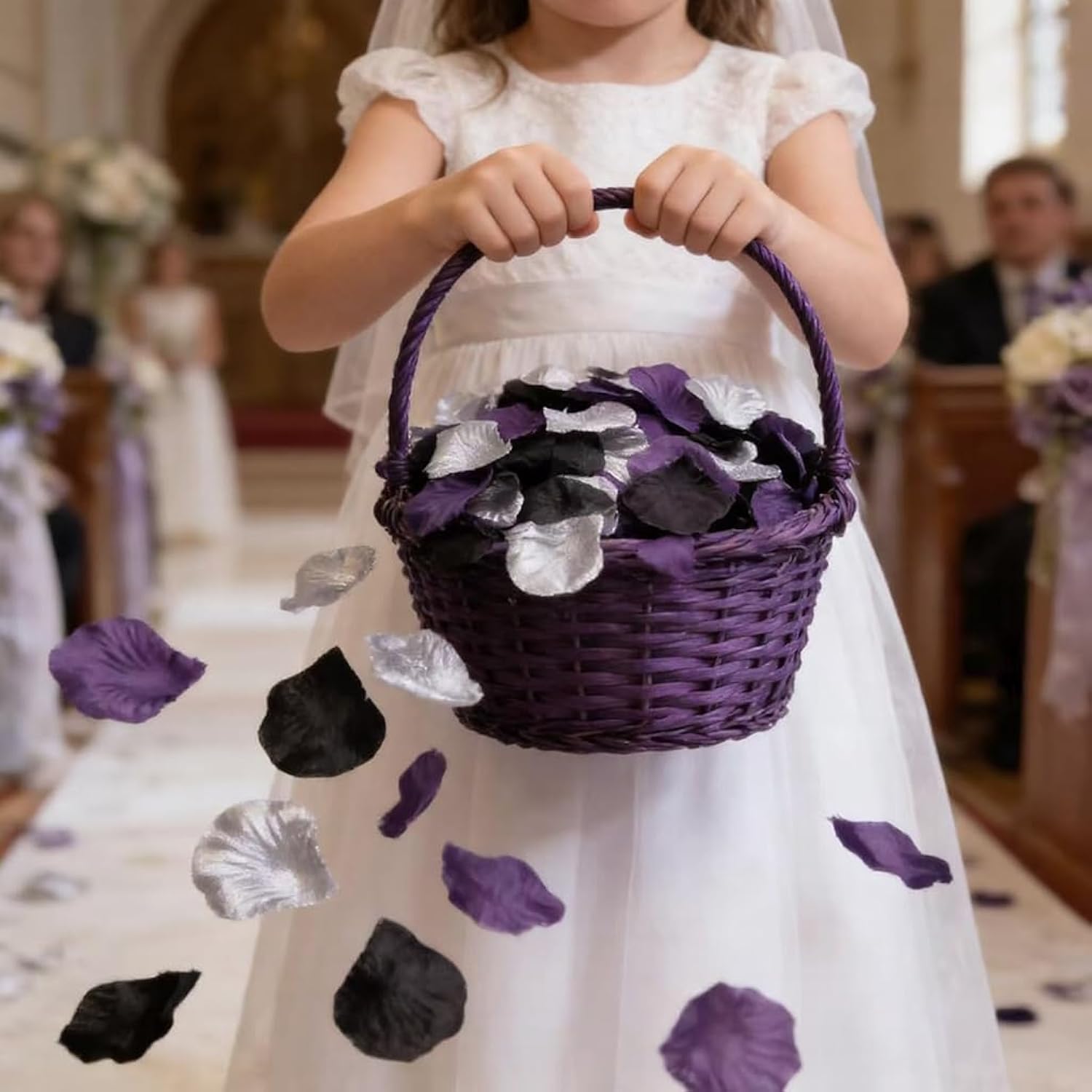 900Pcs Black Dark Purple Silver Silk Rose Petals, Artificial Flowers For Gothic Wedding Aisle Decor, Table Scatter Centerpieces, Wednesday Addams Birthday Party