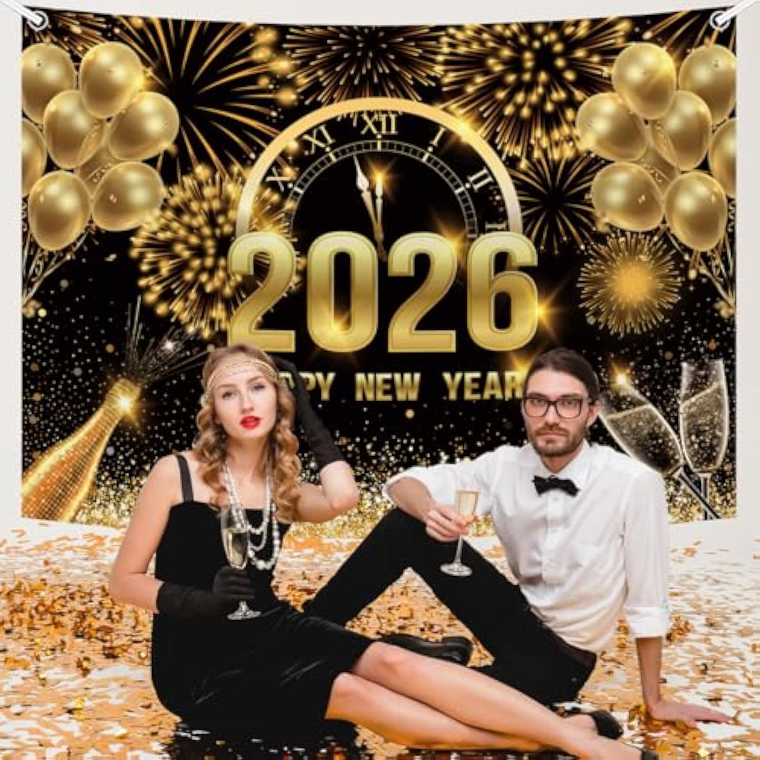 7x5ft Black Gold 2026 Happy New Year Backdrop Champagne Fireworks Banner