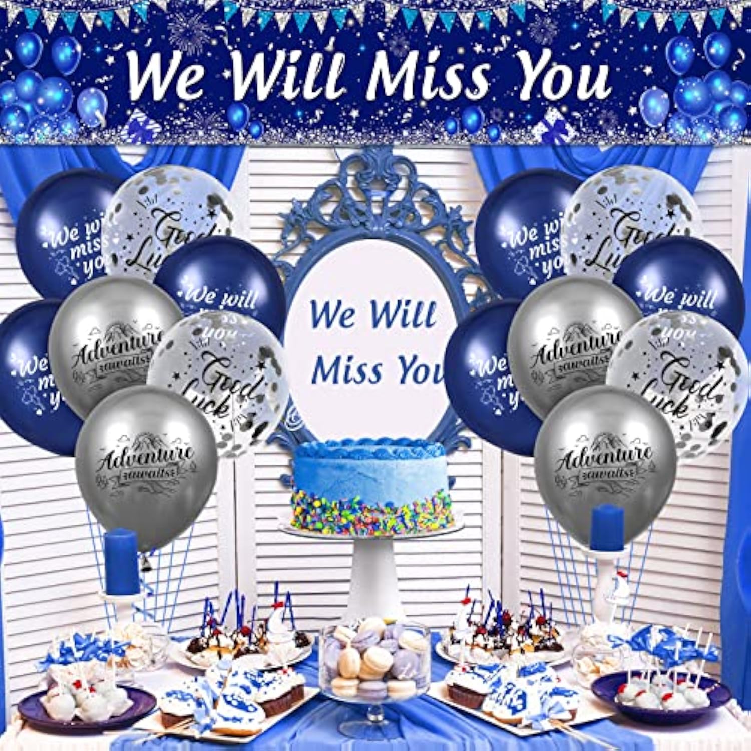 Blue We Will Miss You Party Decorations Navy Blue Silver We Will Miss You Banner And 18Pcs Good Luck Going Away Balloons For Farewell Retirement Graduation Coworker Leaving Goodbye Party