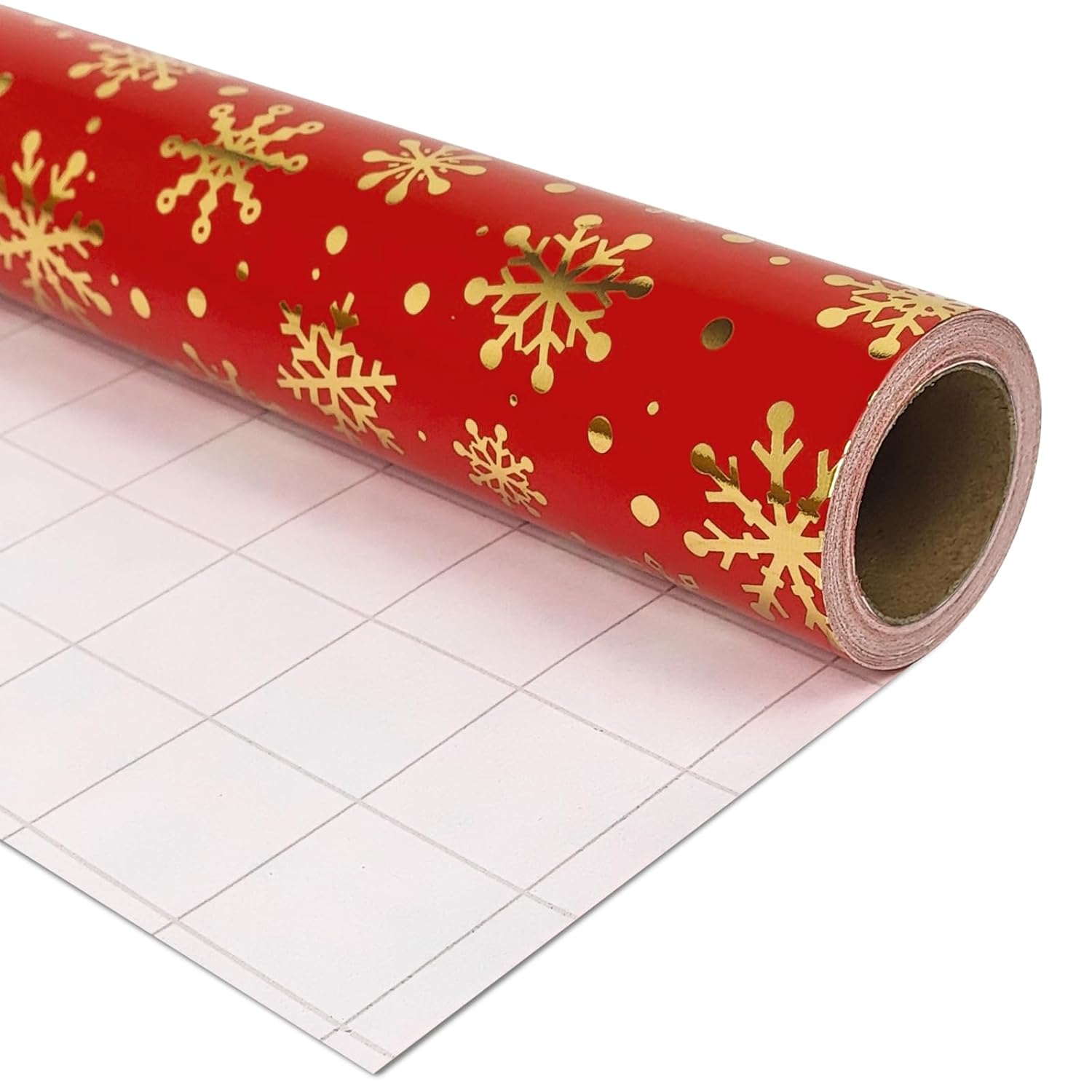 Mini Short Small Christmas Wrapping Paper Roll (17 Inches X 32.8 Feet) - Gold Foil Snowflakes On Red