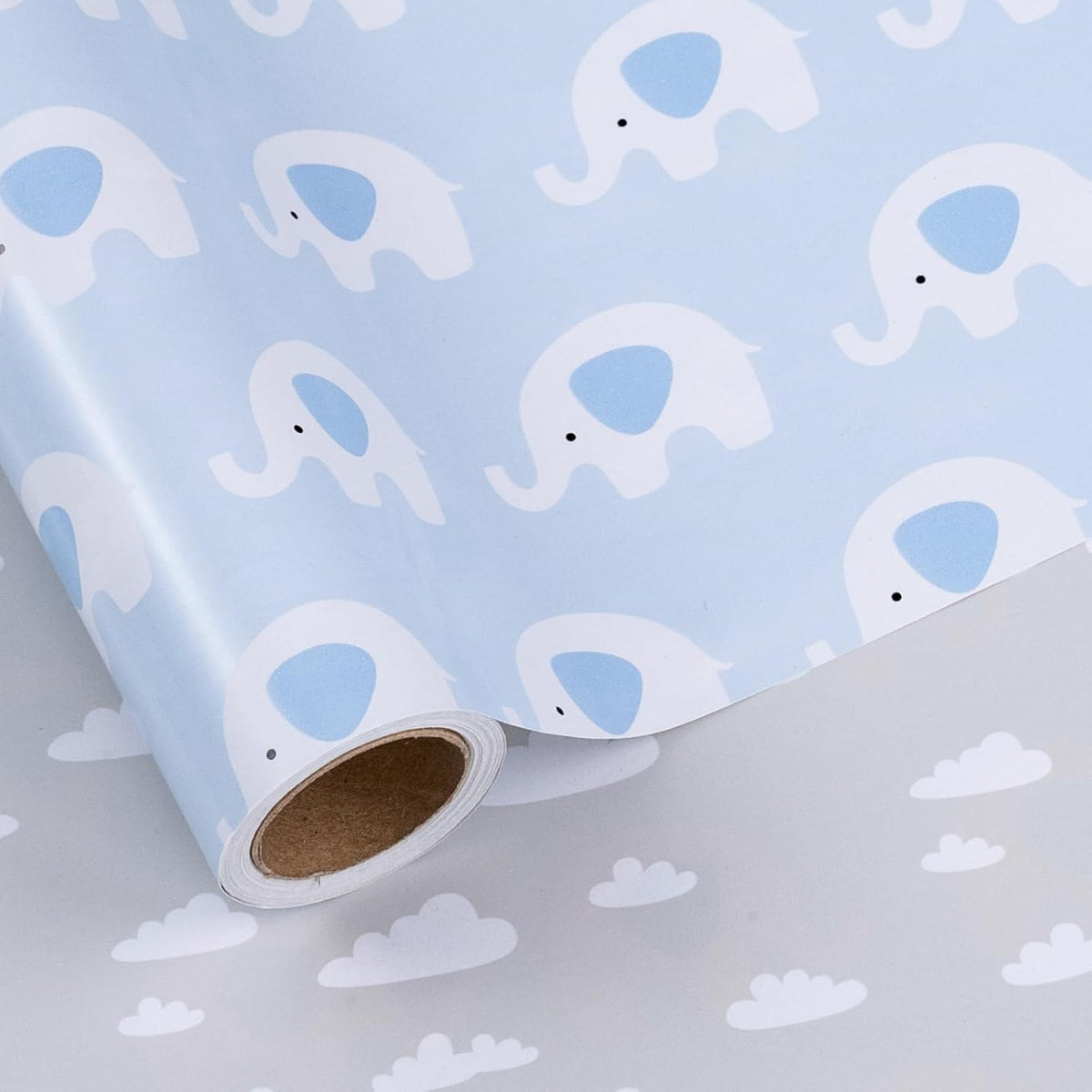 Reversible Blue Baby Shower Wrapping Paper Roll, Elephant In Blue & Cloud In Gray For Baby Shower, Baby Boy'S 1St Birthday, Newborn Party, Mini Roll, 17 Inches X 32.8 Feet