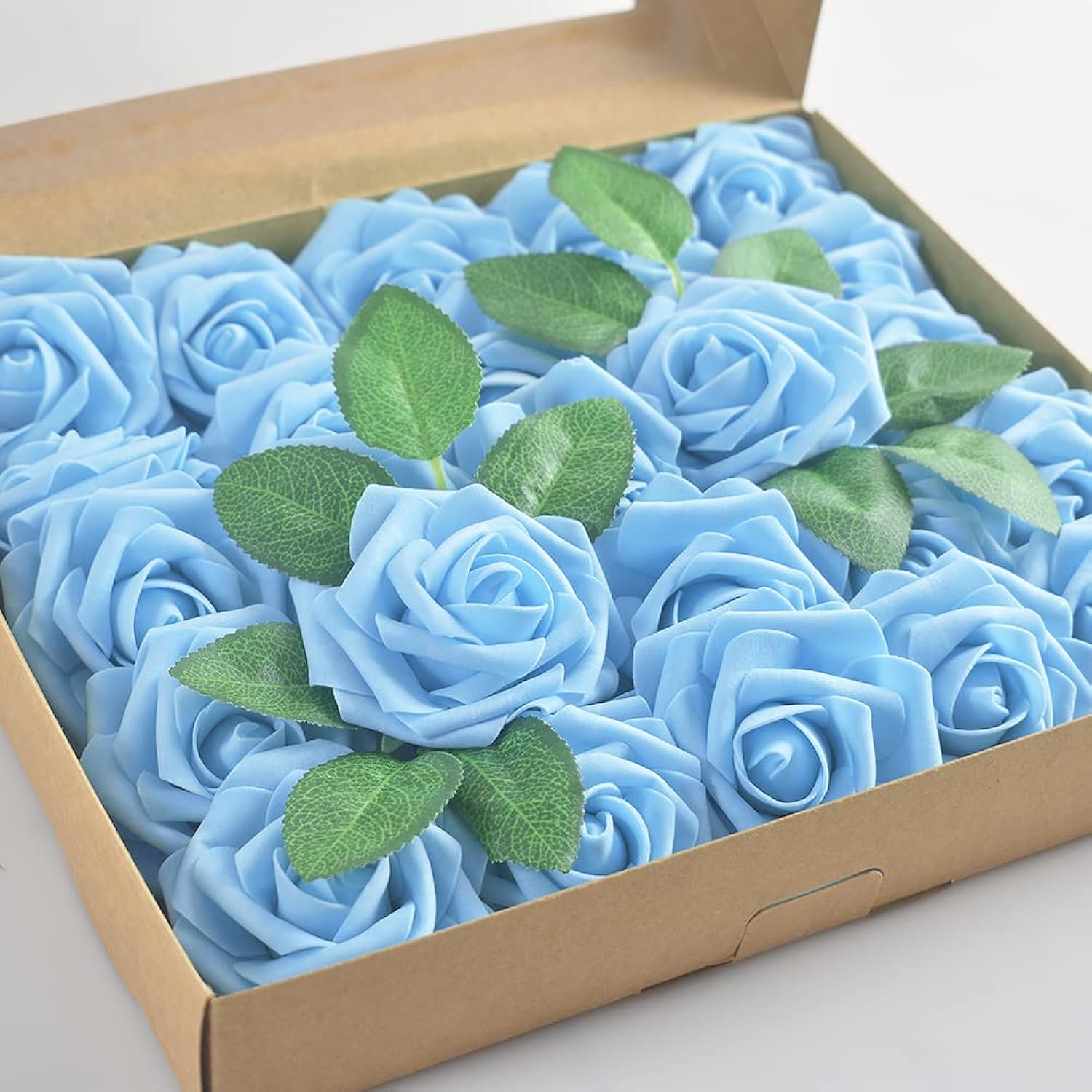 Artificial Rose, 25Pcs Foam Artificial Flowers With Stem For Home Decorations, Wedding Bouquets, Party, Certerpieces, Anniversaries-Aqua Blue