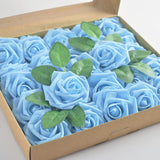 Artificial Rose, 25Pcs Foam Artificial Flowers With Stem For Home Decorations, Wedding Bouquets, Party, Certerpieces, Anniversaries-Aqua Blue