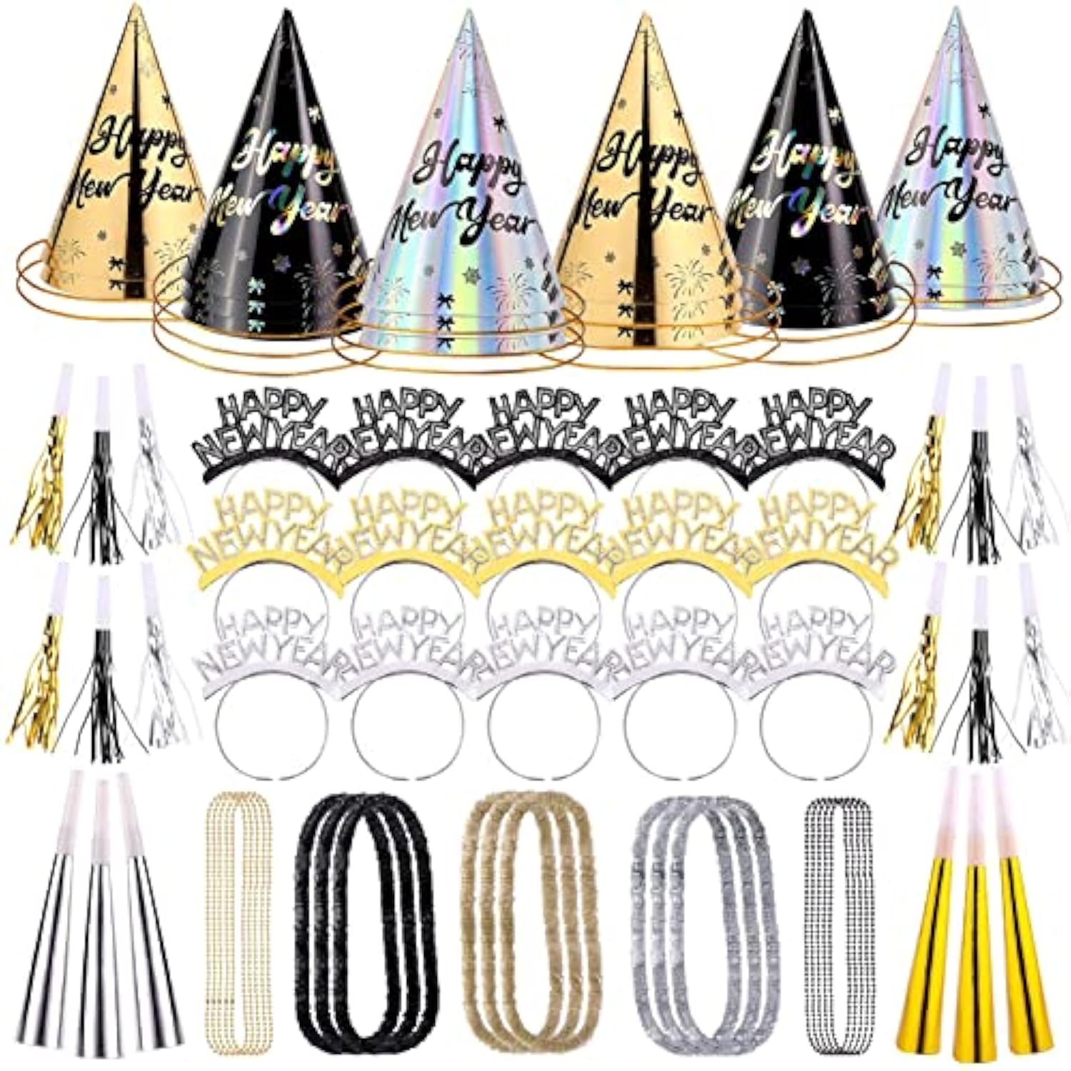 90pcs 2026 New Year Party Supplies Hats Tiaras Noise Makers Necklaces