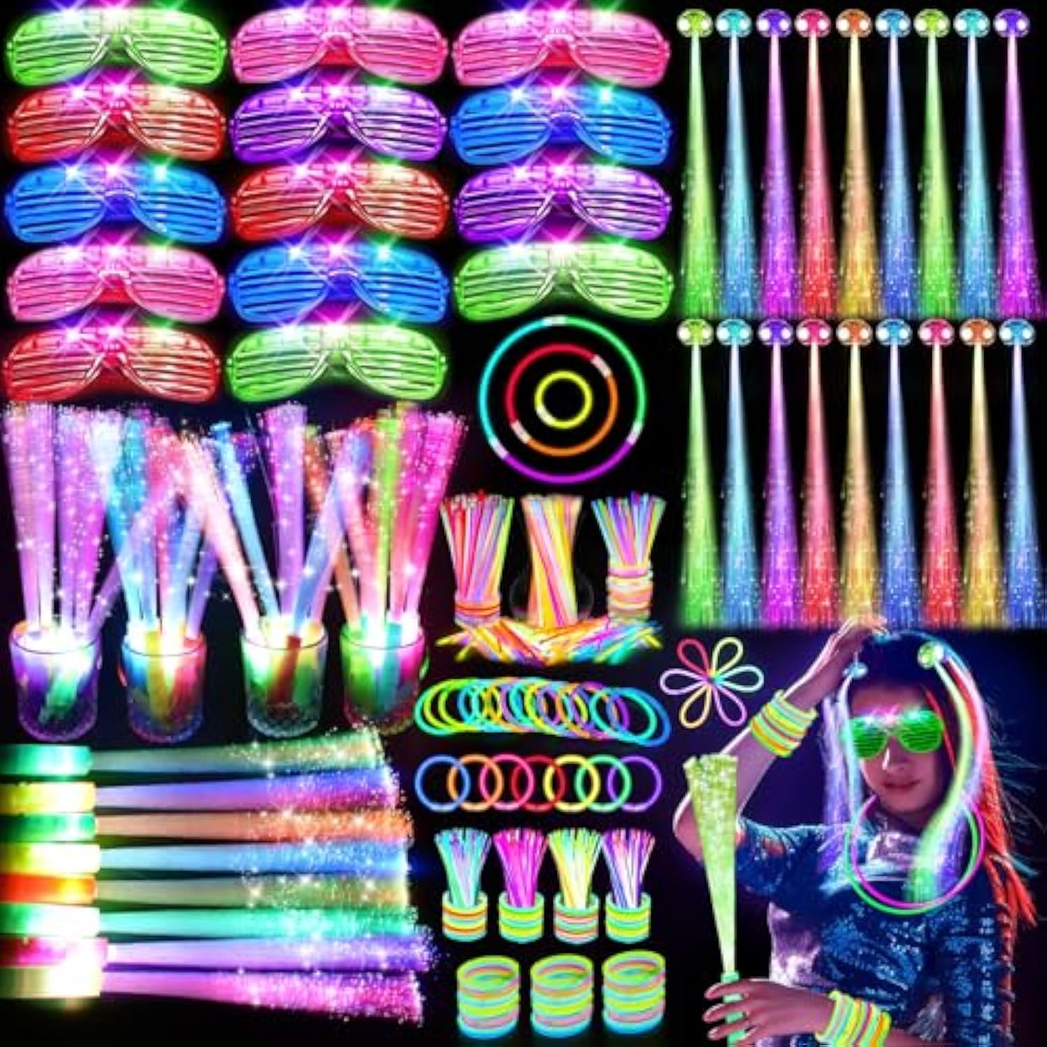 148 Pcs Glow In The Dark Party Supplies, 16 Fiber Optic Wands, 14 Led Glasses, 100 Glow Sticks And 18 Led Hair Clips Fiber Optic For Neon Party, Wedding, Birthday, Concert, New Year